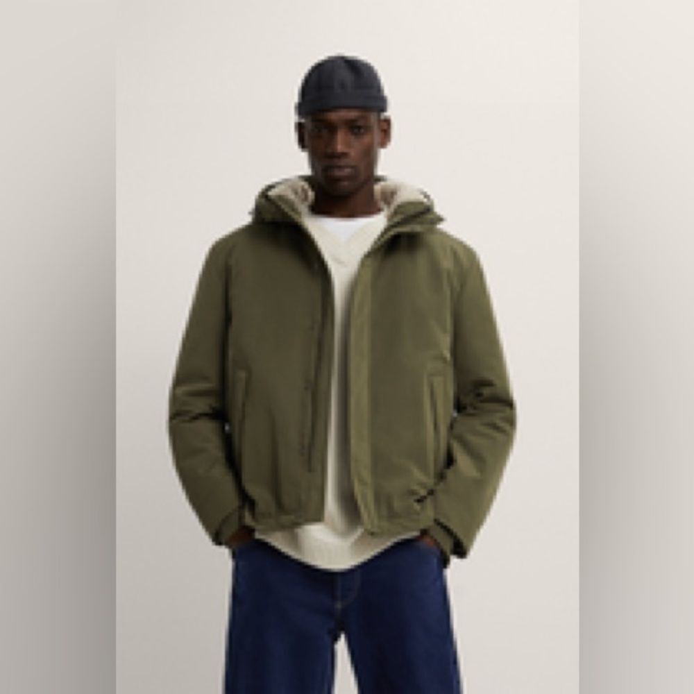ZARA MENS‎ SIZE M QUILTED OUFFER JACKET KHAKI GREEN with hood